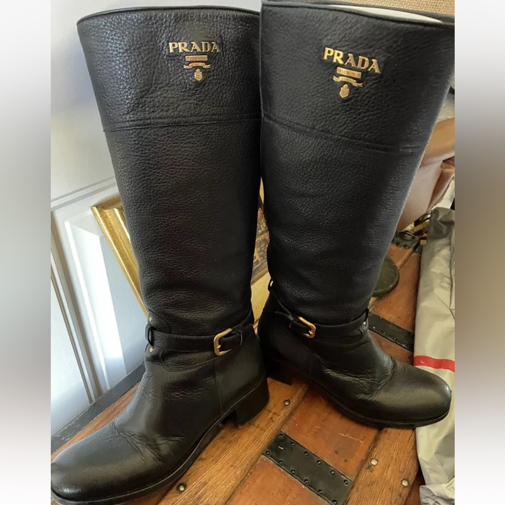 Prada Women 37 US 7 Black Pebbled Leather riding boots
